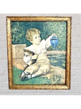 Antique Framed 1916  LOUISE COX  Litho Spring Series Boy Kitten Dandelion 8x10